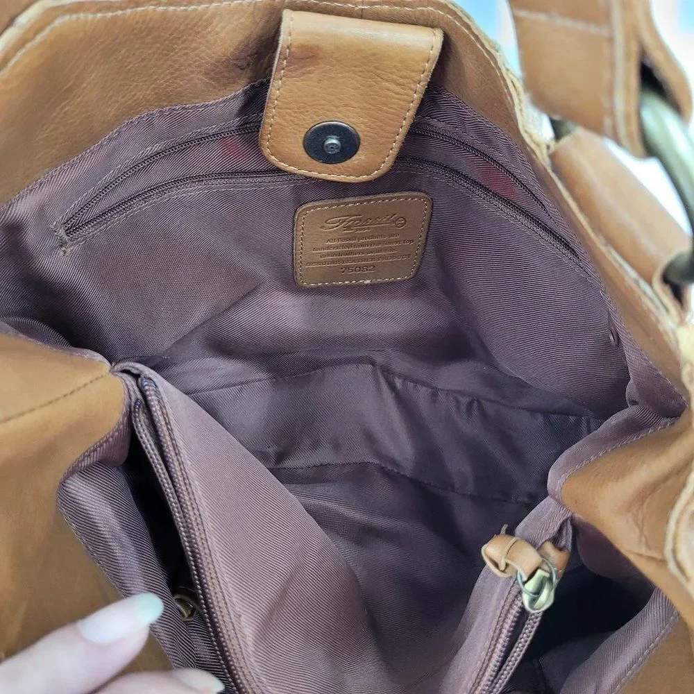Vintage Fossil Hobo Leather Patchwork Studded‎ Embroidered Shoulder Bag Brown